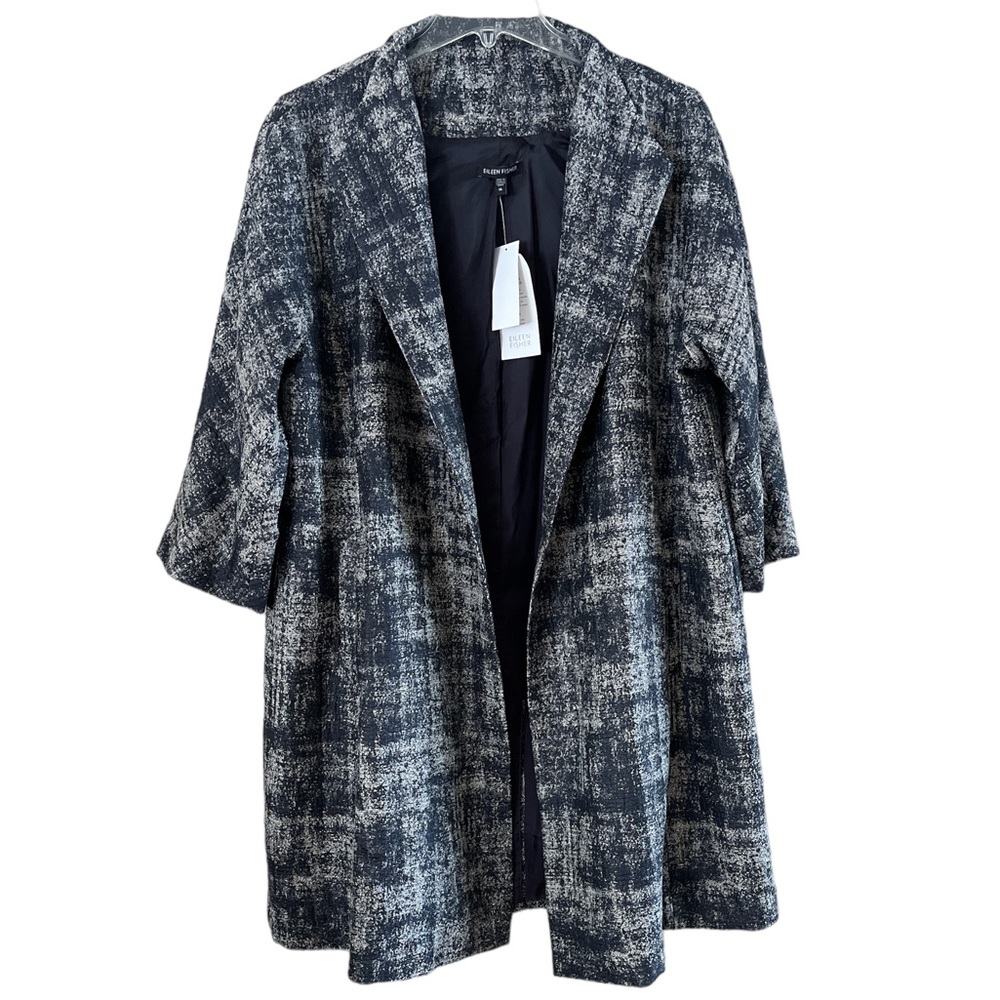 NWT Midnight Blue Eileen Fisher Funnel Neck Illusion Jacquard A-line Coat Sz XL